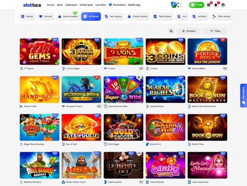 Ogólny widok strony Slottica z kategoriami gier i menu użytkownika