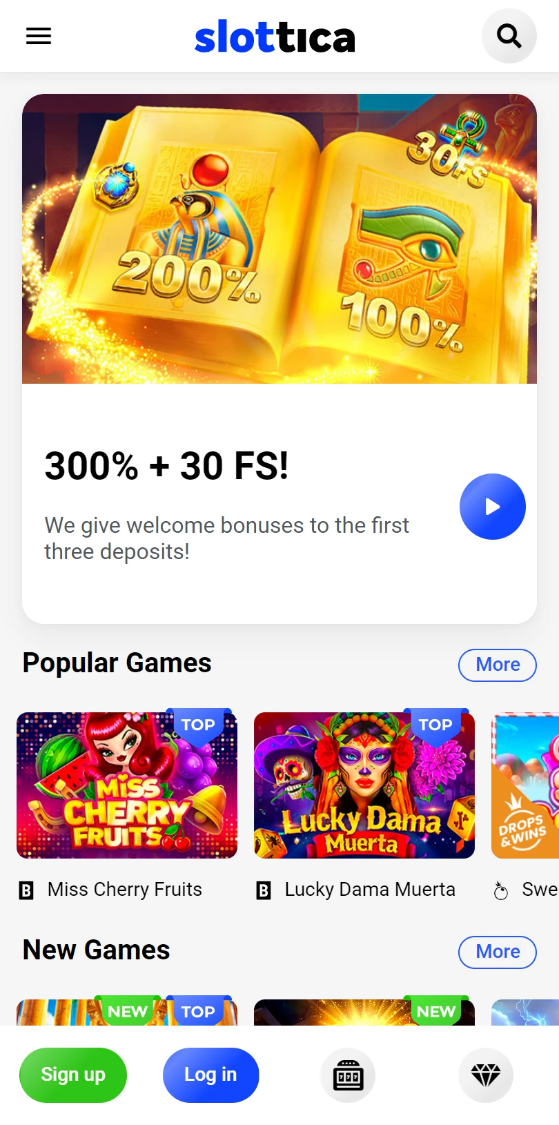 Ekran rozgrywki w kasynie Slottica pokazujący układ gier i nawigację